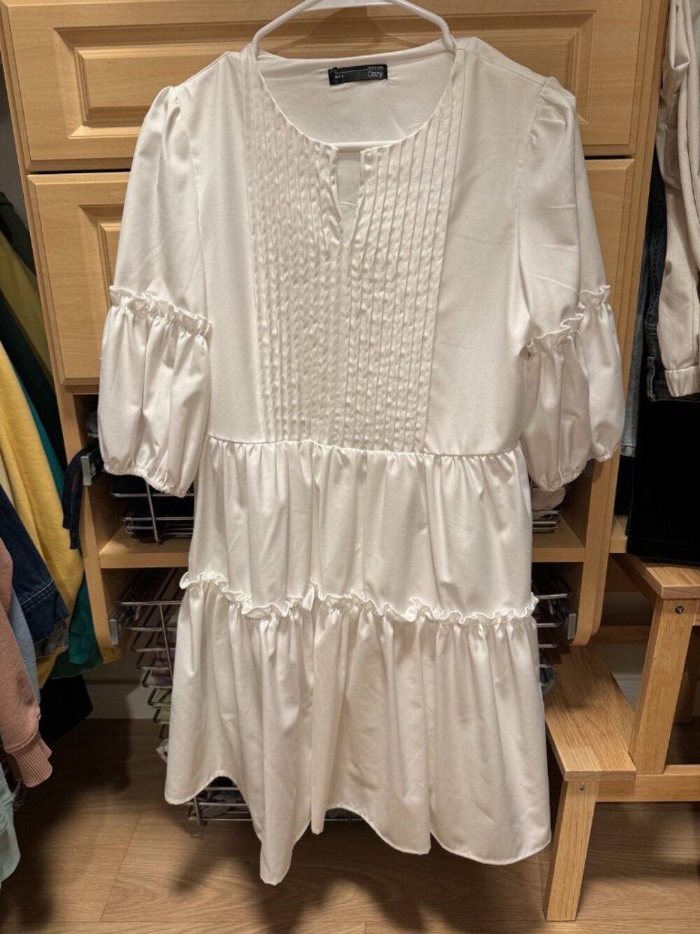 White Pintuck Midi Dress with Puff Sleeves & Tiered Ruffle Skirt — Size S